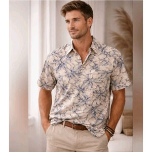 Equipment Men's XL 100% Cotton Hawaiian Shirt Beige Blue Tropical. #C37